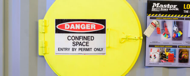 Confined Space Entry Training door showing danger and entry by permit only sign.