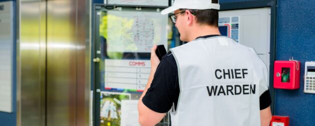 Chief Warden standing in front of a fire control panel, speaking into a radio during a training exercise, wearing a white vest and cap, with the fire alarm block plan visible in the background.